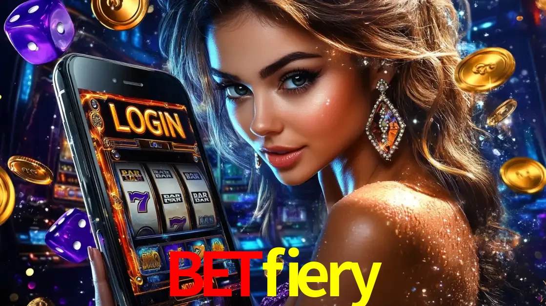 Mulher glamorosa segurando um smartphone com a tela de login para os jogos de caça-níqueis do cassino online betfiery, com moedas de ouro e dados ao redor.