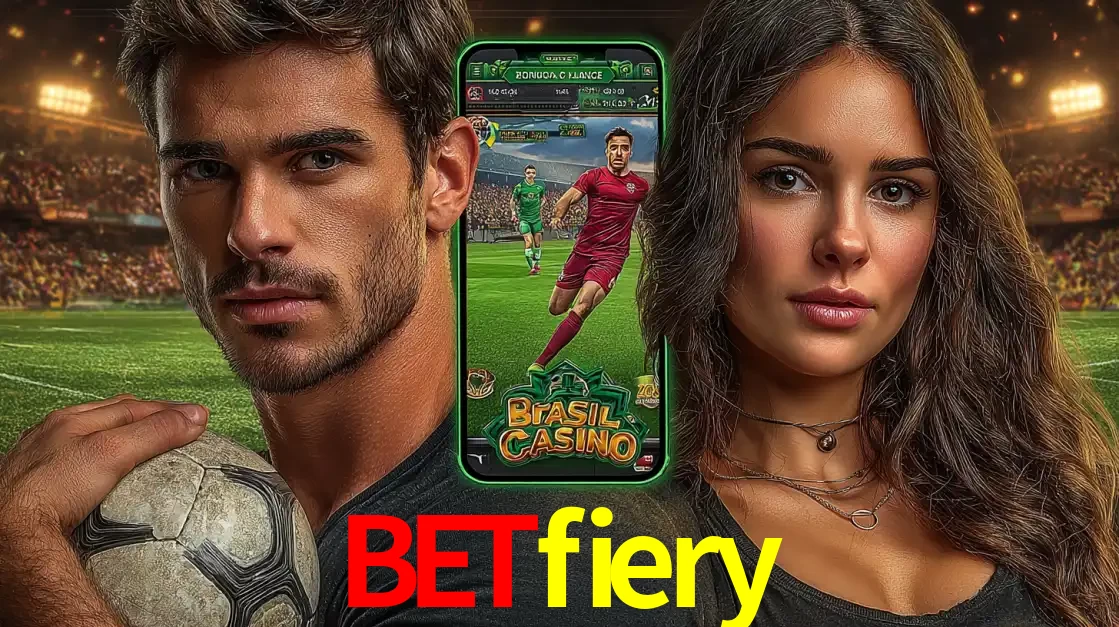 Homem segurando uma bola de futebol e uma mulher ao lado de um smartphone exibindo o jogo de apostas esportivas da betfiery. Faça seu palpite no cassino online.
